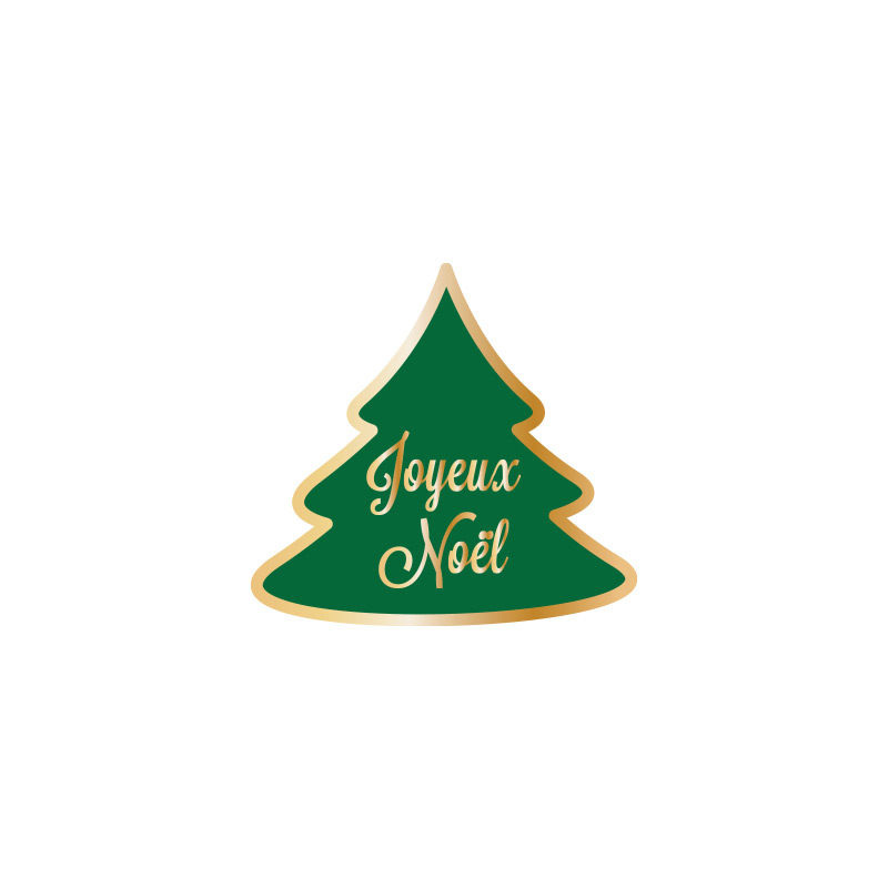 Christmas tree-shaped adhesive gift labels with Joyeux Noël in green and gold (x500)